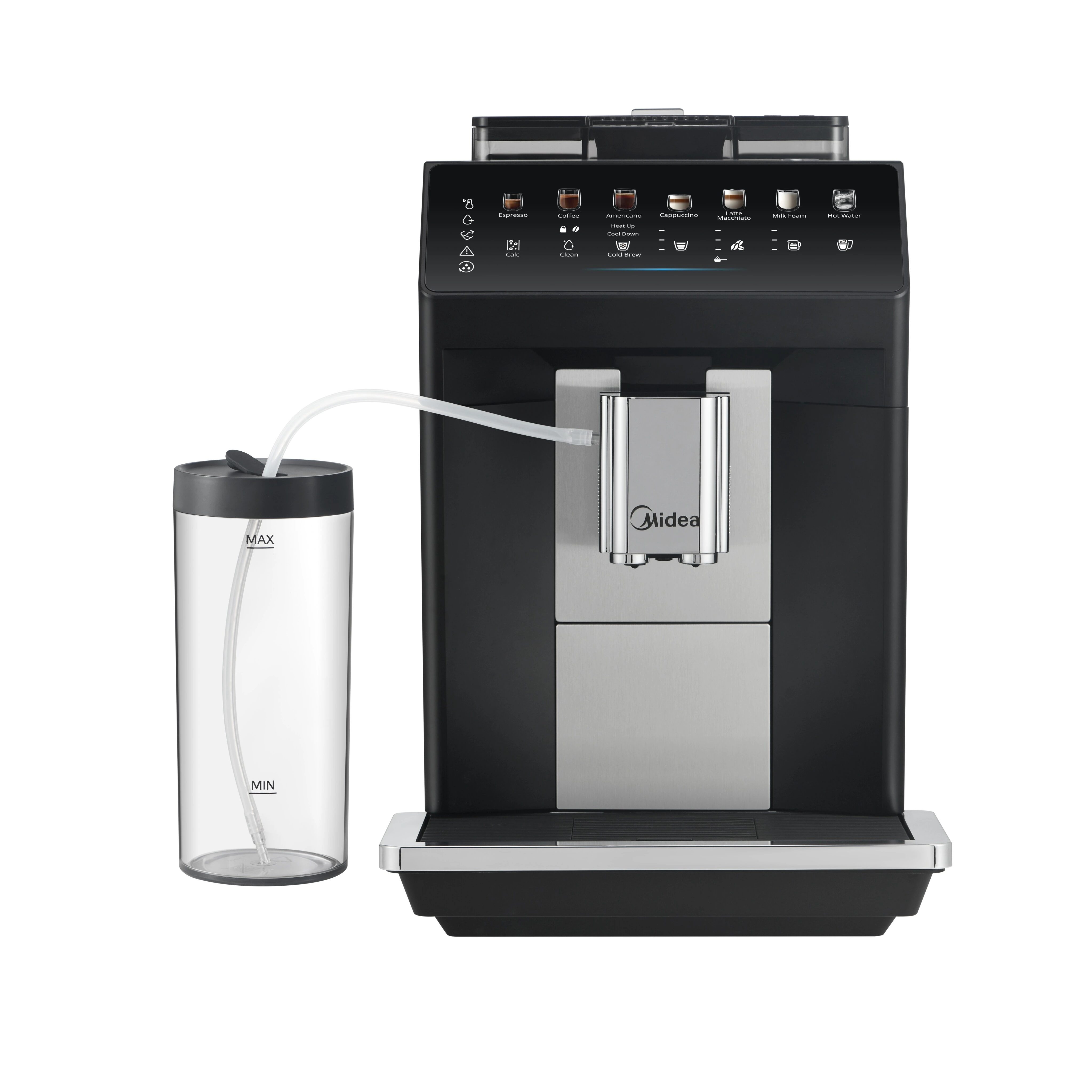 Автоматическая кофемашина Midea MCA181DMCDK, артикул MCA181DMCDK, главный вид с молочной ёмкостью